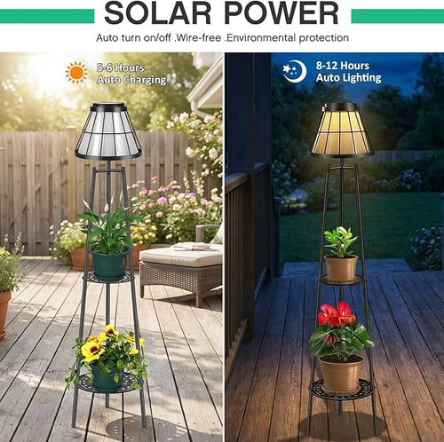 2 Pack 45.5'' Outdoor Floor Lamps with 2 Tier Plant Stand, Solar Powered Metal Waterproof Lights for Patio Deck Yard Garden Porch Decor