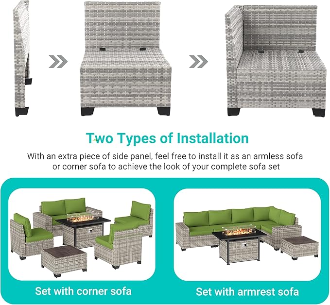 16-Piece Outdoor Patio Furniture Set with Rocking Swivel Chair, PE Wicker Rattan Sectional Sofa Patio Conversation Set with 55,000 BTU Fire Pit Table & Coffee Table, LAvocado Green