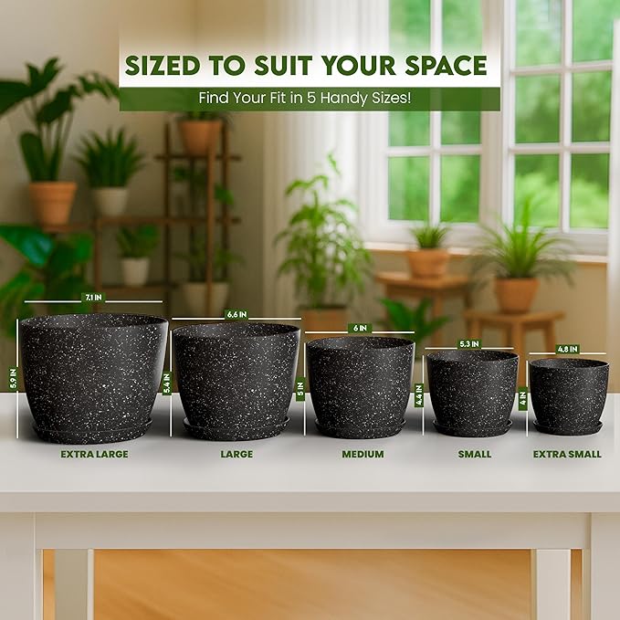 Utopia Home - Spotty Plant Pots Indoor with Drainage - 7/6.6/6/5.3/4.8 Inches Flower Pots - 5 Pack Plastic Planters - Ideal for Stocking Stuffers - (Speckled Black, Pack of 5)