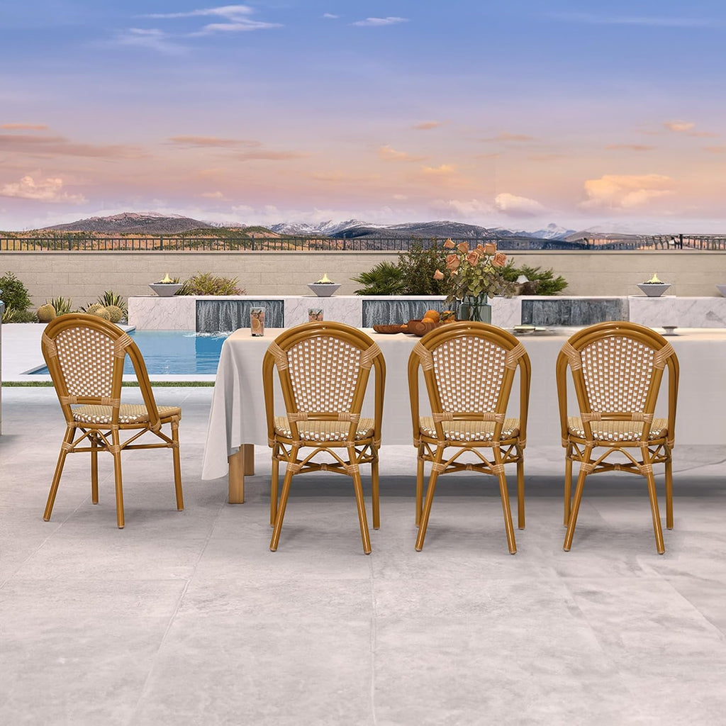 PURPLE LEAF Outdoor Dining Chair Set of 4 Bamboo Finish Amber White | Bamboo Finish Parisian Charm, Coated Aluminum Less Upkeep, Two-Tone Weave Easy Match, French Wicker Timeless Style, Armless