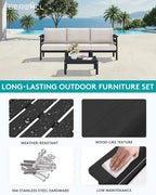 SERWALL HDPE Patio Furniture Set, 2 Pieces Outdoor Sectional Sofa Set, All-Weather Wood-Like Outdoor Sofa Couch with Coffee Table for Deck, Lawn, Black Frame with Khaki Cushion