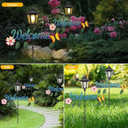 Lewondr Solar Garden Lights Butterfly, 36.6 Inch Solar Lamp Post Light with Welcome Sign & Butterflies, Outdoor Waterproof Solar Stake Lights for Yard Porch Patio Pathway Gardening Gifts, 2 Pack