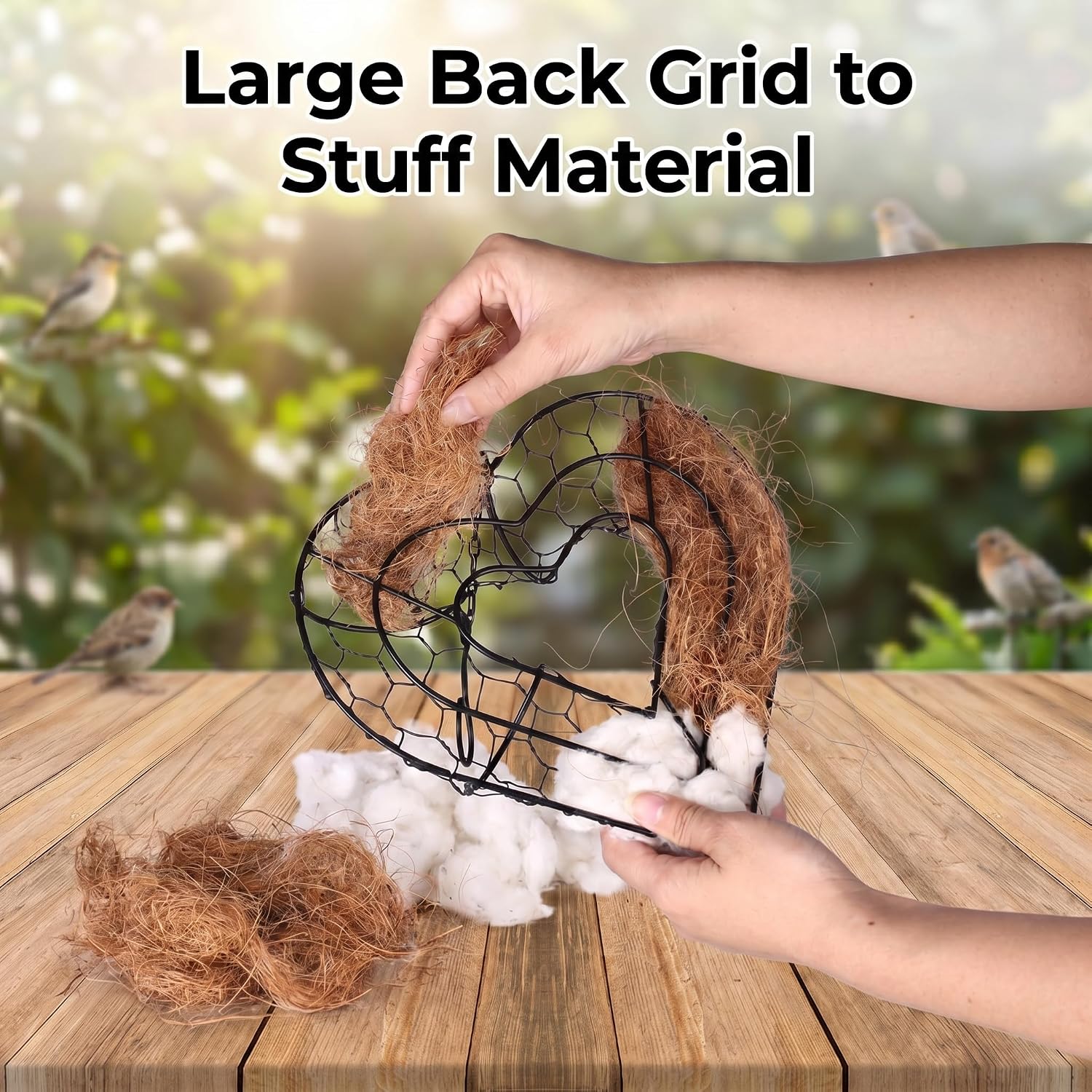Bird Nesting Material Holder, Heart Shaped Hanging Bird Nesting Material for Wild Birds, Metal Holder with Natural Cotton & Coconut Fiber, Cottagecore Garden Decor for Bluebirds Chickadees Finches