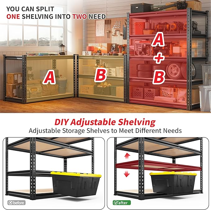 REIBII 2400LBS Storage Shelves 5 Tier Garage Shelving Heavy Duty, Adjustable Metal Shelving Unit, Garage Shelves for Basement, Warehouse, Pantry, Closet, Kitchen 72" H x 35.55" W x 16" D, 2 Pack | Heavy Duty, Adjustable, 2020LBS Capacity, Garage, Pantr...