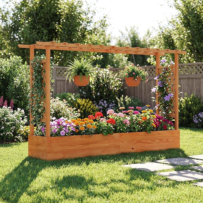 Giantex 2 Pcs Raised Garden Bed with Trellis & Hanging Roof, Wood Planter Box with Bottom & Drainage Holes, Freestanding Garden Planter for Flower Fruit Vegetable Herb Climbing Vine (77"x14.5"x45")