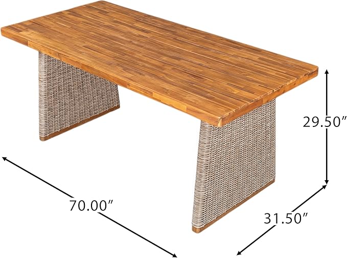 Christopher Knight Home Pasco Acacia Wood Outdoor Dining Table Set for 6, Wicker Patio Dining Set with Acacia Wood Table and Bench, Patio Table and Chair Set with Cushion+Rope Back, Black+Teak+Brown