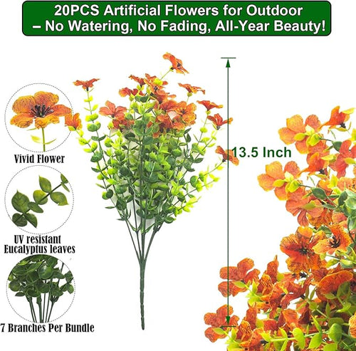 20 Bundles Artificial Flowers for Outdoors, UV Resistant Fake Plants Flowers Greenery Shrubs Plants for Decoration Outside Plants Hanging Planter Home Garden Decor (Orange)