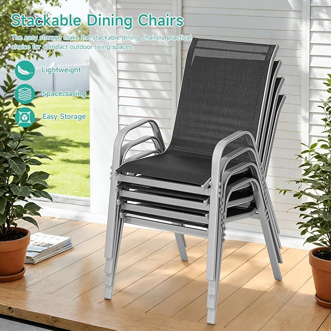 Patio Chairs Set of 4, Easily Set Up Stackable Outdoor Dining Chairs with High Back and Wide Seat, All Weather Breathable Outdoor Chairs Set of 4 with Metal Frame for Backyard Deck Pool, Black