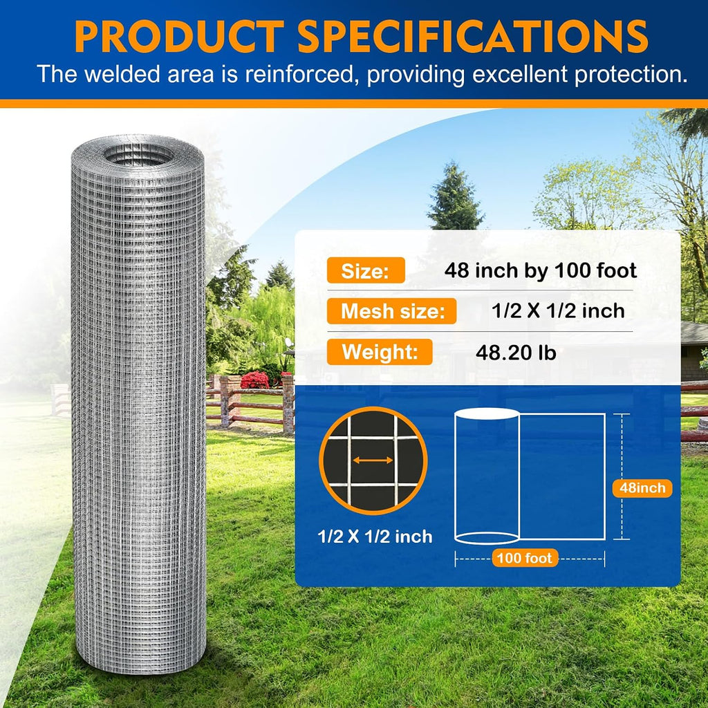 Hardware Cloth 1/2" 48x100ft 19 Gauge Welded Wire Roll | Hot-Dip galvanized welded mesh with corrosion resistance and strong joints for Chicken Coop Gopher Barrier & outdoor fencing