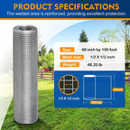Hardware Cloth 1/2" 48x100ft 19 Gauge Welded Wire Roll | Hot-Dip galvanized welded mesh with corrosion resistance and strong joints for Chicken Coop Gopher Barrier & outdoor fencing
