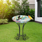 MUMTOP Glass Bird Bath Outdoor with Metal Stand, Garden Feeder, Hummingbird | Glass Large Bird Baths Bowl with Metal Stand for Outdoors, Hummingbird Patterns Bird Feeder for Outside Garden, Patio Decor