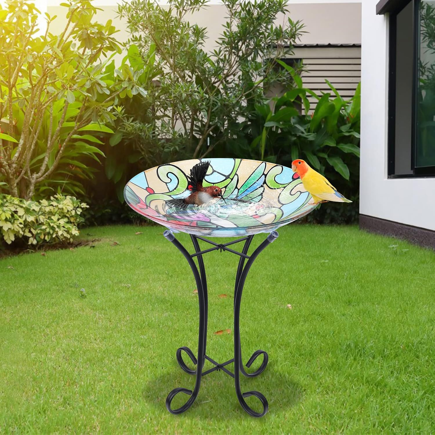 MUMTOP Glass Bird Bath Outdoor with Metal Stand, Garden Feeder, Hummingbird | Glass Large Bird Baths Bowl with Metal Stand for Outdoors, Hummingbird Patterns Bird Feeder for Outside Garden, Patio Decor