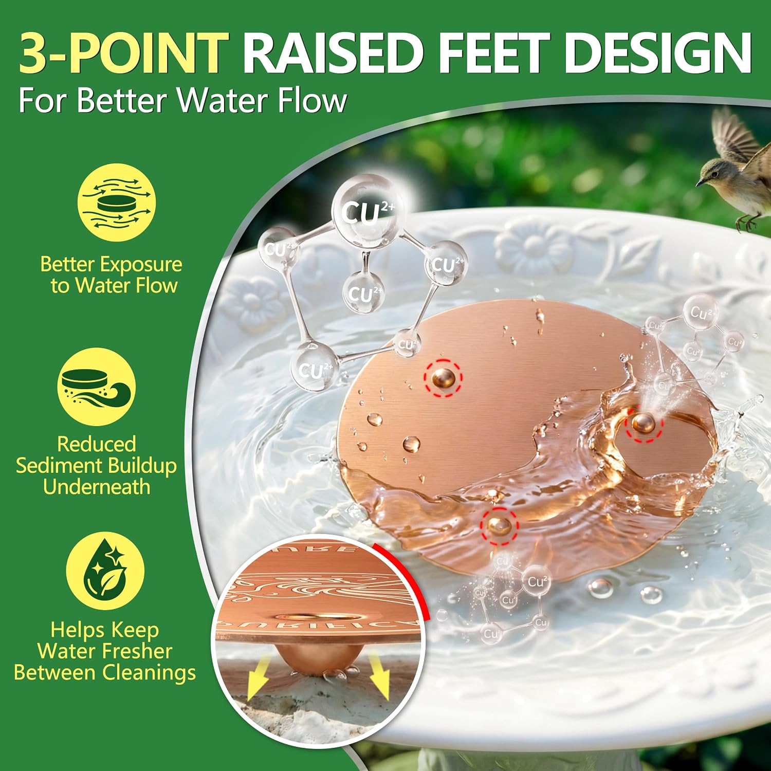 Factee 2PCS Bird Bath Copper Disk – 0.6mm Thick 99.9% Pure Copper Cleaning Disk, Helps Maintain Cleaner-Looking Water, All-Season Use for Outdoor Bird Baths, Bowls, Bird Bath Solar & Fountains