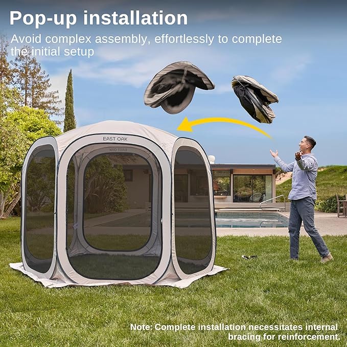 East Oak Screen House Tent Pop-Up, Portable Screen Room Canopy Instant Screen Tent 10 x 10 FT with Carry Bag for Patio, Backyard, Deck & Outdoor Activities, Brown