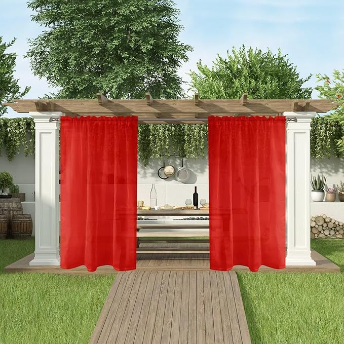 SpaceDresser Waterproof Outdoor Sheer Curtains for Patio - 2 Panels Rod Pocket Indoor Voile Sheer Curtain for Living Room,100W x 84L inch, Red