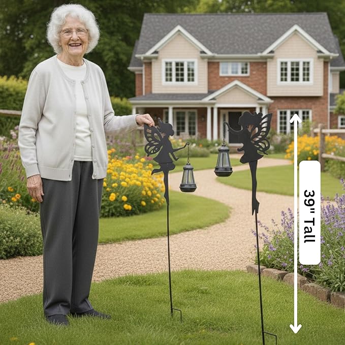 Solar Fairy Garden Accessories Outdoor 1 Pair - Metal Stakes Decorative Figurines Housewarming Ornament for Patio, Lawn, Yard, Pathway - Unique Gift Ideas for Gardening Mom Grandma (Warm Lighting)