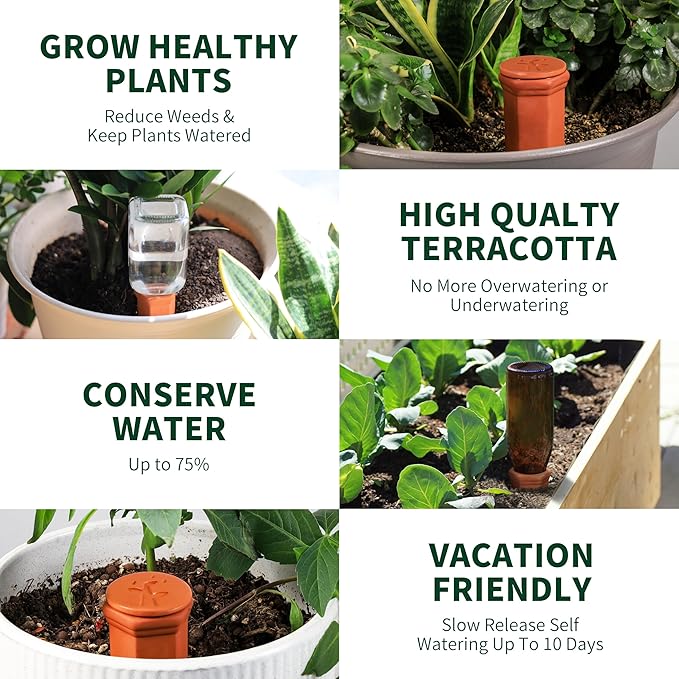 Large Terracotta Watering Spikes with Lids, Automatic Plant Waterer Outdoor | Indoor, Vacation Friendly Clay Plant Watering Devices System, Slow Release Self Watering Planter Insert, 8 Pack