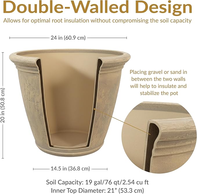 Sunnydaze 24-Inch Anjelica Large Plastic Pot for Plants - Outdoor Double-Walled Large Plastic Planter with Drillable Drainage Holes - Beige - 3pk
