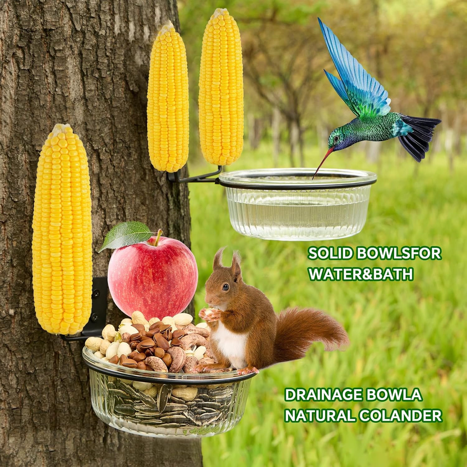 Tree Fence Squirrel Feeder, Outdoor Wild Squirrel Bird Wild Table, Backyard Transparent Glass Chipmunk Feeder, Strong and Ornamental, with Drainage Holes and Corn Support Squirrel Feeder
