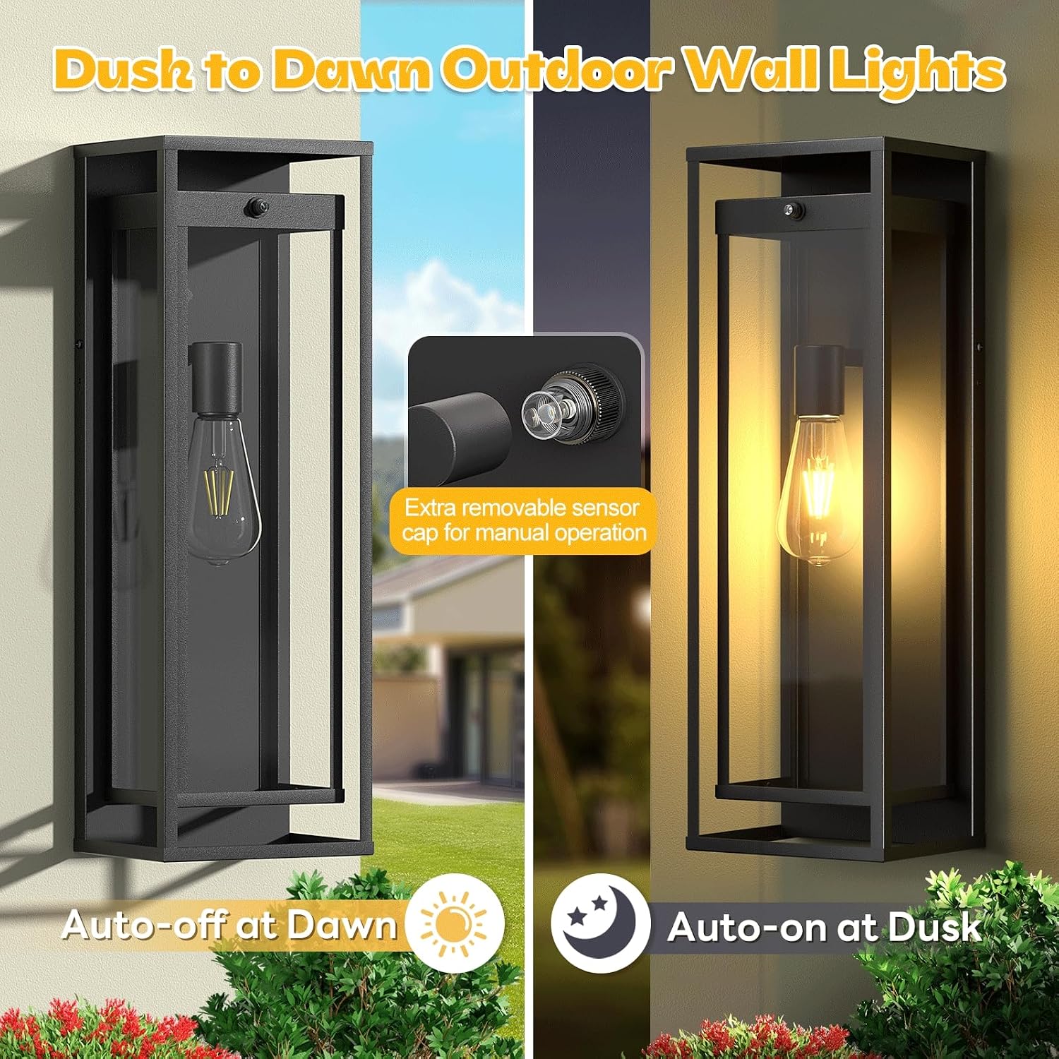 20in Large Outdoor Wall Light Dusk to Dawn Sconce Exterior Lighting Fixture | Waterproof, Black Modern Metal, Anti-Rust, E26 Socket, Outside Porch Lights, Lantern for Entryway Patio, House Garage, 2 Pack