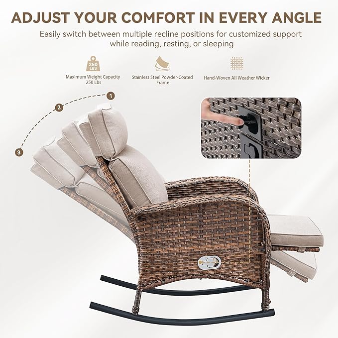3 Pieces Zero Gravity Wicker Patio Rocking Recliner Chairs Set of 2 - Wicker Outdoor Lounge Chair with Side Table, Adjustable Backrest & Footrest, High Back Outdoor Recliner Chair for Pool Deck Beige