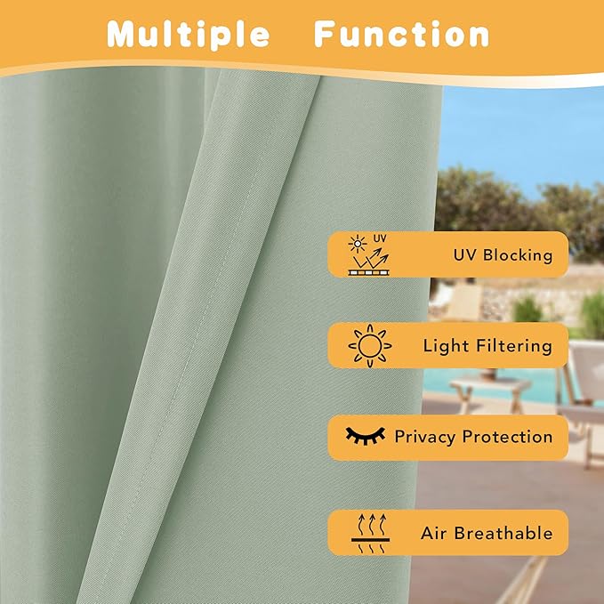 HolidayIdeas Outdoor Curtains for Patio Waterproof, 4 Panels - 54 x 84 Inch - Privacy Protection & Light Filtering Curtains Grommet Outside Curtains for Porch, Gazebo, Pergola (Sage Green)