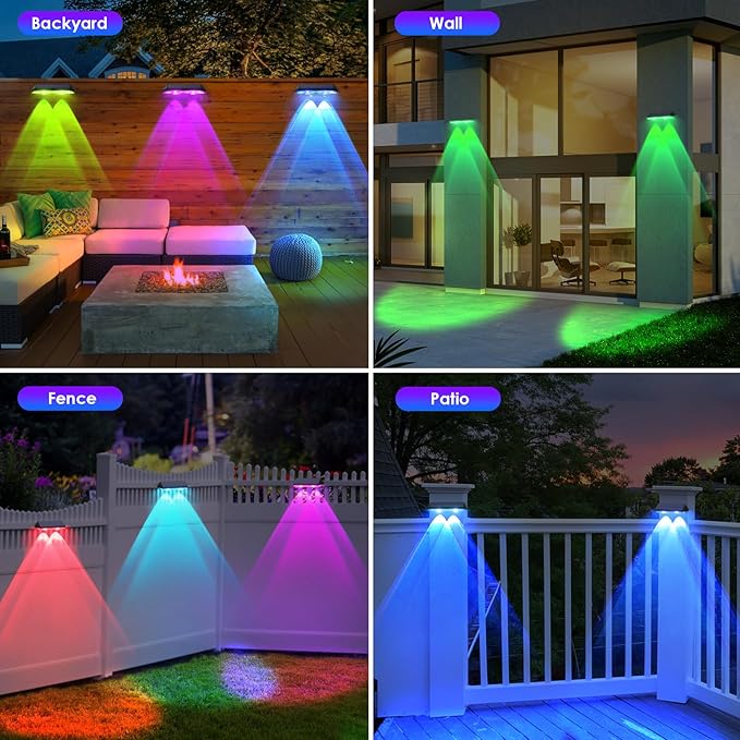Solar Fence Lights Outdoor - Warm White & RGB 6 Color, Dusk to Dawn Solar Deck Light, Solar Lights Outdoor IP65 Waterproof, Garden Lights for Outside/Backyard/Railing/Step/Patio/Wall (8 Pack)
