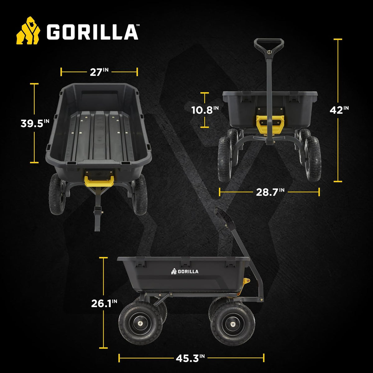 gorilla carts dump garden cart, 7 cu ft,1200, side view