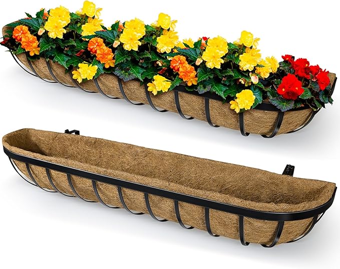 2 Pack 30 Inch Window Deck Railing Planter Boxes with Coconut Liner, Large Hanging Window Flower Boxes Metal Railing Planter for Balcony Fence Porch (2, 30 Inch)