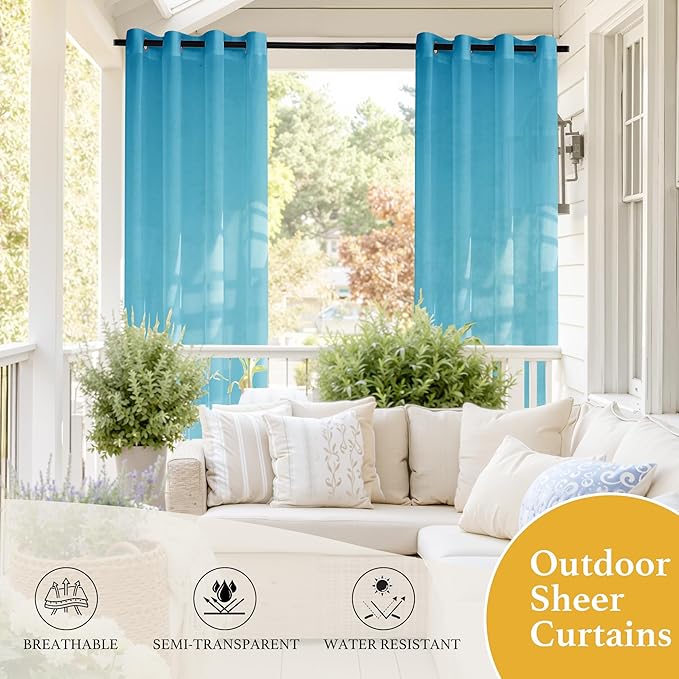 RYB HOME Outdoor Sheer Curtains Waterproof for Patio, Linen Look Semi Transparent Airy Drapes Sun Light Filter for Cabana Pavilion Balcony, 54 inch Wide by 96 inch Long, 2 Pcs, Teal