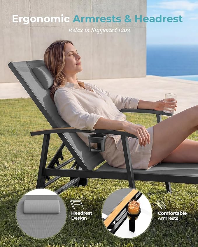 Ciokea Outdoor Lounge Chair with Pillow, 5-Position Aluminum Chaise Lounge with Wheels & Armrests, 400 lbs Heavy Duty Patio Pool Chair for Deck, Backyard, Beach & Poolside, Grey