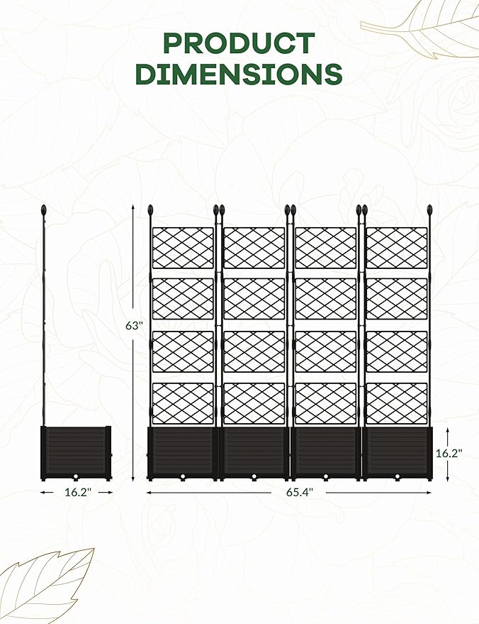4 PCS Raised Garden Bed with Trellis,63" H Vertical Planter Box with Drainage Holes for Climbing Plants, Patio Privacy Screen & Balcony Garden