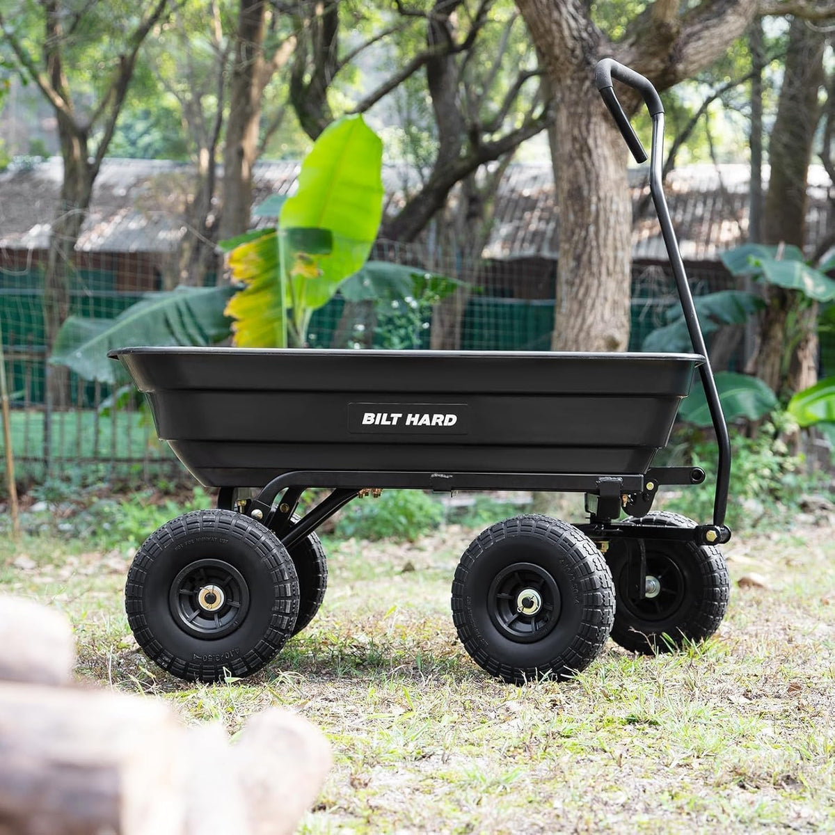 bilt hard poly garden dump cart 600 lbs showing dimensions