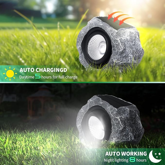 2 Pack Solar Rock Lights Outdoor, Angle Adjustable Solar Lights Outdoor Waterproof, LED Solar Garden Lights, Auto On/Off Landscape Lighting for Yard Pathway Patio Flower Bed - White Glow (Stone Gray)
