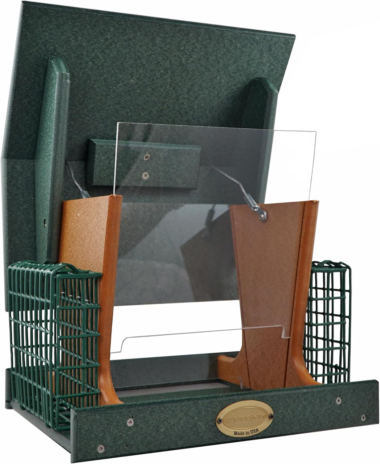 DutchCrafters Poly Hopper Bird Feeder with Suet Holder, Large Suet Feeder for Birds, Outdoor Hanging - Amish American Made (Turf Green & Cedar)