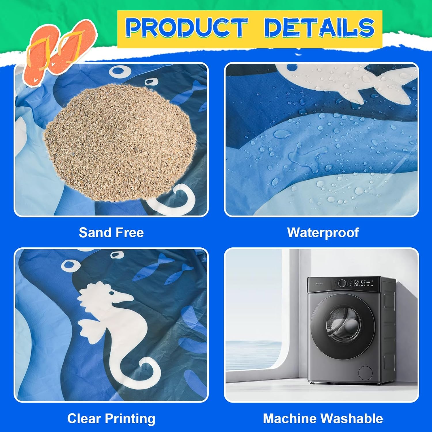 6.5 X 6.5Ft Baby Beach Pool, 2 in 1 Square Portable Toddler Beach Puddle | Cartoon Ocean Theme, Waterproof & Sandproof, Cute Toddler Paddling Pool Beach Blanket with Carrying Bag for Boys Girls, Blue