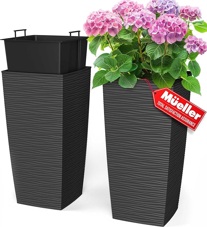 Mueller Janska M-Resin Heavy Duty Tall Planter, Indoor/Outdoor Grande Plant, Tree, Flower Pot, 2-Piece Set, 24”, Modern Design, Built-in Drainage, Dark Gray