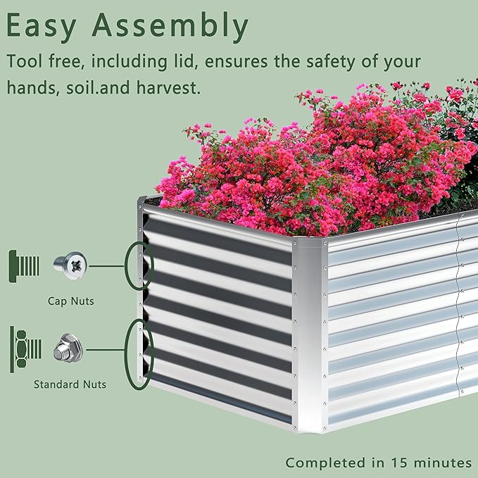 8x2x2FT Galvanized Raised Garden Bed,Planter Raised Beds-Metal Garden Box,Large Plant for Outdoor Planting, Vegetables Bed，Flower,herb-Silver