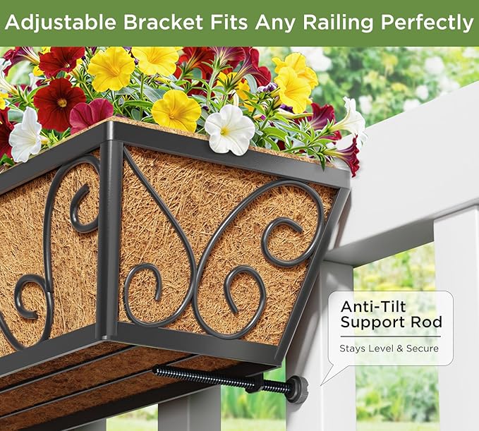 Y&M 24 Inch Window Deck with Coco Liner, Fence Metal Hanging Flower Planter Window Basket Deck Railing Planter Boxes for Outdoor Garden Lawn-Butterfly,6pcs