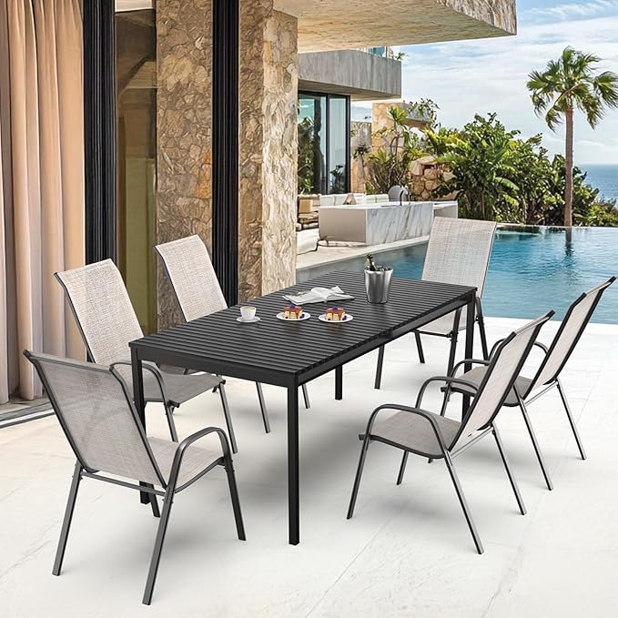 VINGLI Patio Chairs Set of 4 – Stackable Outdoor Dining Chairs with Comfortable Sling High Back Chairs and Armrests for Lawn, Poolside, Courtyard, Balcony, Garden, Yellow