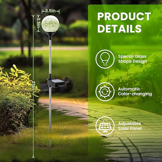 GIGALUMI Solar Garden Lights 3 Pack, Outdoor Solar Lights for Yard Decorative, Christmas Lights Outdoor Decorations Waterproof, Multi-Colored Changing Garden Globes Cracked Glass Ball with LED Lights