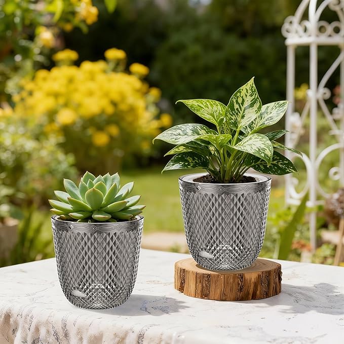 QCQHDU 2 Pack Self Watering Pots, 7.2 Inch Flower Pots with Drainage Holes and Water Filling Port, Garden Planter for Indoor Outdoor Plants (Gray)