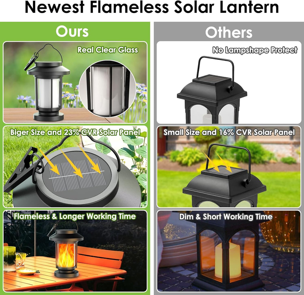 Solar Lantern Outdoor Waterproof, Flickering Flameless Solar Lights Hanging Lantern, Auto On/Off Decorative Solar Garden Lights for Patio Yard Porch Pathway Camping Decor
