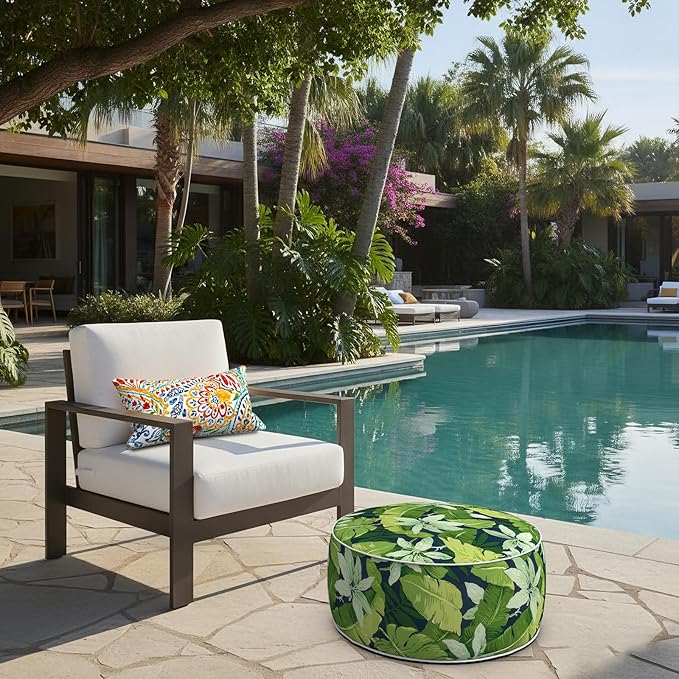 LVTXIII Indoor/Outdoor Inflatable Ottoman with Handle D21 x H9 Inch, Weather-Resistant Round Footstool Pouf for Patio Camping Living Room, Portable Footrest Extra Seating, Jungle Leaves