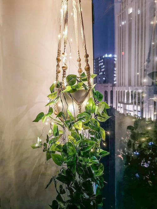 2 Packs Fake Hanging Plant with lights Artificial Plants with Pots for Home Decor Macrame Plant Hanger with Faux Vines Greenery for Bedroom Bathroom Room Ceiling Wall Boho Decor Indoor Outdoor