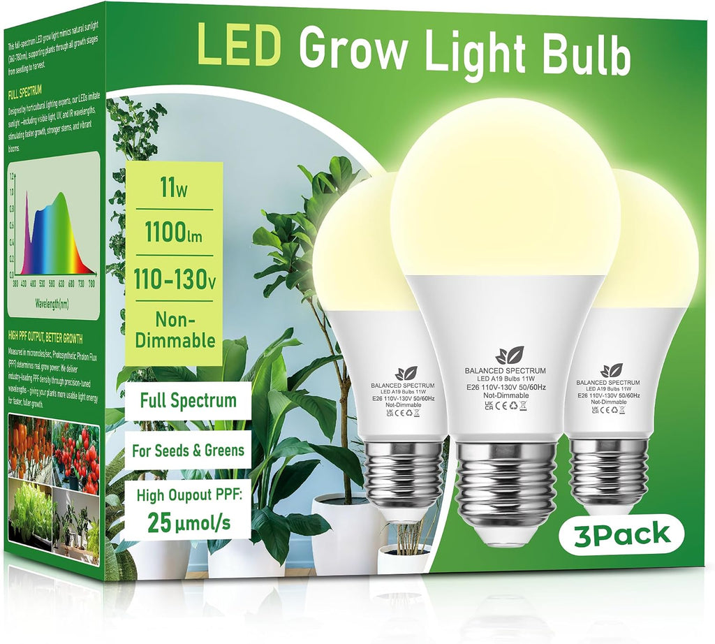 A19 11W LED Grow Bulbs E26 Base Full Spectrum Plant Light Bulb for Indoor | 3 Pack 100W Equivalent Plant Lights for Indoor Growing, Flowers, Greenhouse, Seed Starting