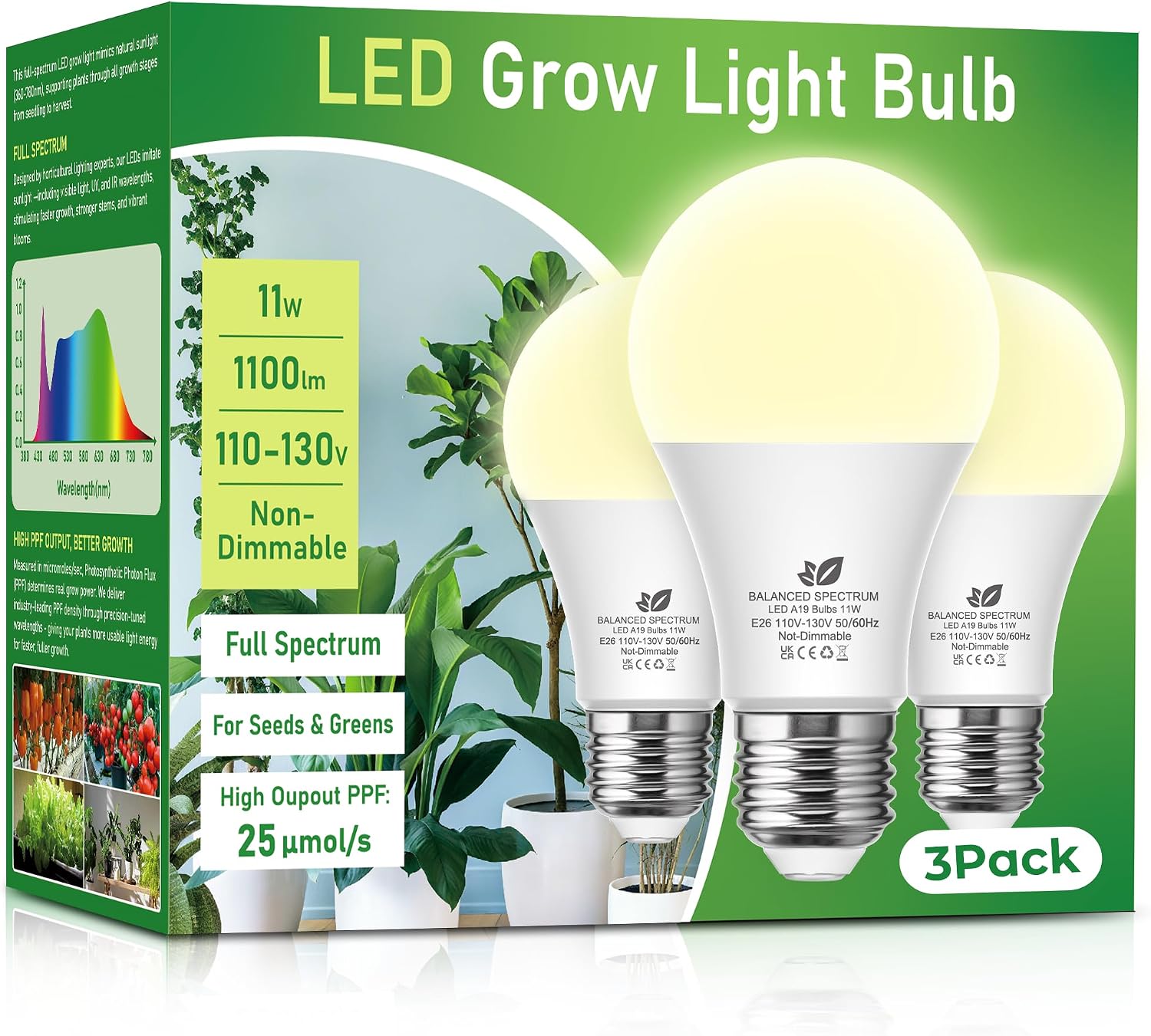 A19 11W LED Grow Bulbs E26 Base Full Spectrum Plant Light Bulb for Indoor | 3 Pack 100W Equivalent Plant Lights for Indoor Growing, Flowers, Greenhouse, Seed Starting