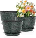 12/10/9 inch Large Plant Pots, 3 Pack Wide Flower Pots for Outdoor Indoor Plants, Water Ripples Plastic Planters with Drainage Holes and Saucers for Garden House, Black with Green Speckles