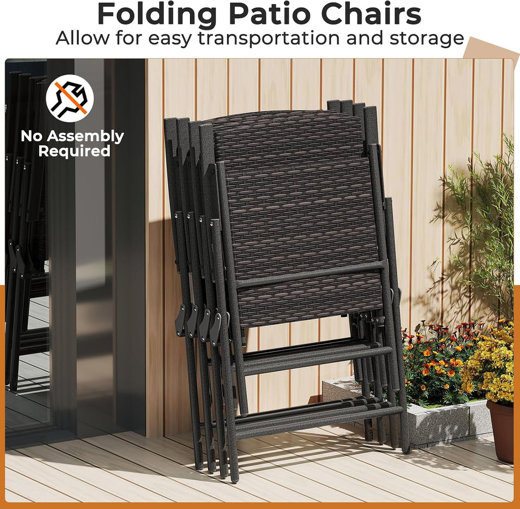 Tangkula Outdoor Folding Chairs Set of 2, Patio PE Wicker Dining Chairs with Armrests and Metal Frame, Portable Lawn Chairs for Garden, Porch, Balcony and Camping, Fully Assembled (1, Mix Brown)