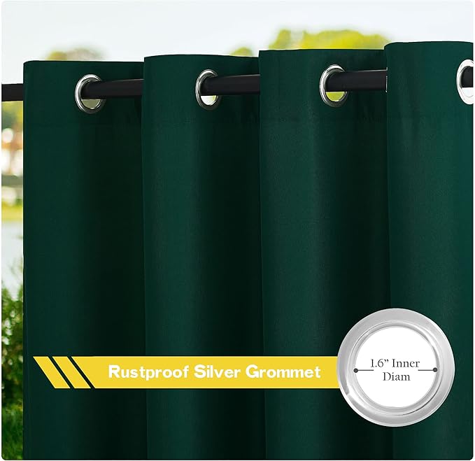 NICETOWN Canvas Outdoor Curtains for Patio Waterproof 108" Long, 2 Panels Top and Bottom Grommet Thermal Insulated Privacy Drapes for Outdoor Gazebo, Dark Green, 55" Wide Per Panel